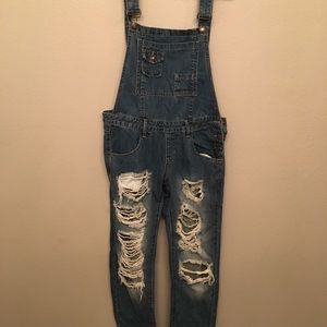 Machine Dark Wash Ripped Overalls